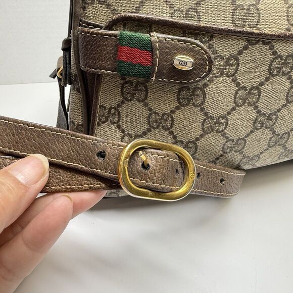 Vintage GUCCI GG Canvas Web Sherry Line Beige Red Green Shoulder Bag - Picture 12 of 13